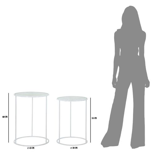 Lot De 2 Petites Table D'appoint Rondes Blanches En Métal Avec Plateau En Verre 43x60-38x55 Cm