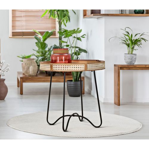 Table D'appoint Ronde 60x60,5 Cm En Métal Noir Avec Bord En Bois Et Décoration En Paille De Vienne