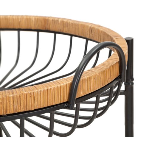 Table d'appoint Ronde Trolley Boho Chic Avec Étagères En Métal Et Rotin 57x55,5x62,5 Cm
