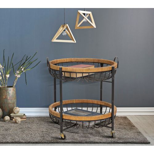 Table d'appoint Ronde Trolley Boho Chic Avec Étagères En Métal Et Rotin 57x55,5x62,5 Cm
