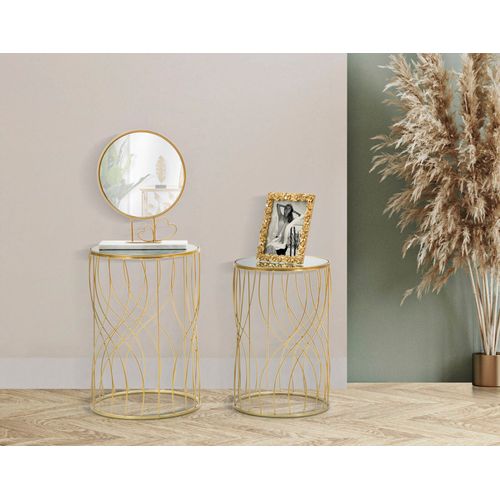 Lot De 2 Petites Table D'appoint En Métal Doré Avec Plateau Miroir Décor Géométrique 38x55-33x50 Cm