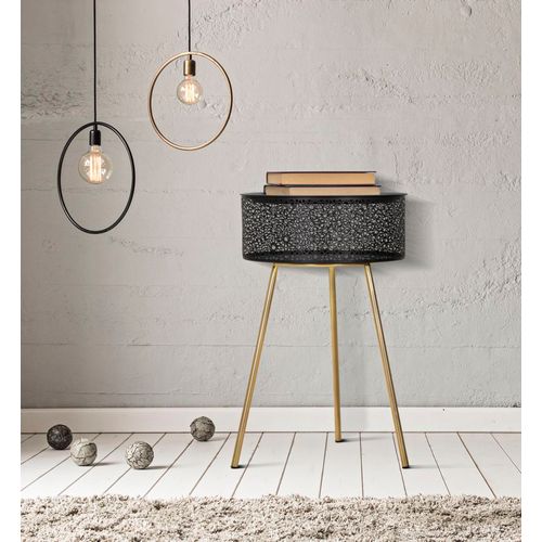 Table d'appoint Ronde Noire Avec Pieds Dorés Et Rangement Intégré Ø40x65 Cm