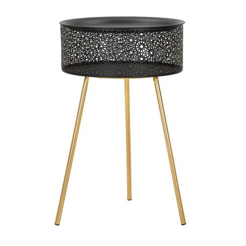 Table d'appoint Ronde Noire Avec Pieds Dorés Et Rangement Intégré Ø40x65 Cm