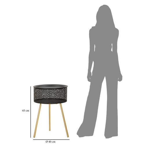 Table d'appoint Ronde Noire Avec Pieds Dorés Et Rangement Intégré Ø40x65 Cm