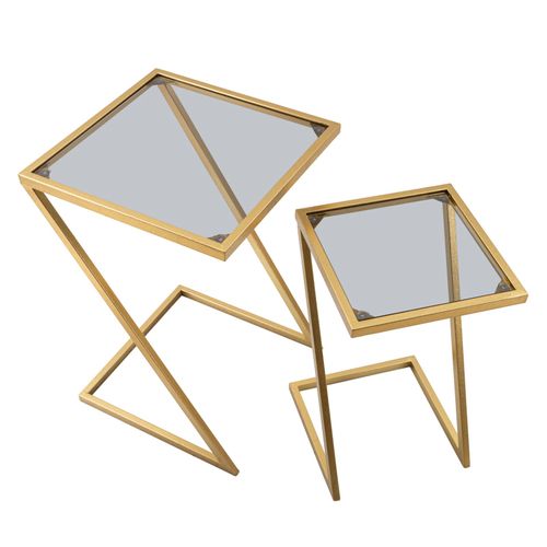Set De 2 Table D'appoint Basses Dorées Avec Plateau En Verre Fumé 40x40x60 Et 30x30x50 Cm