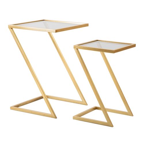 Set De 2 Table D'appoint Basses Dorées Avec Plateau En Verre Fumé 40x40x60 Et 30x30x50 Cm