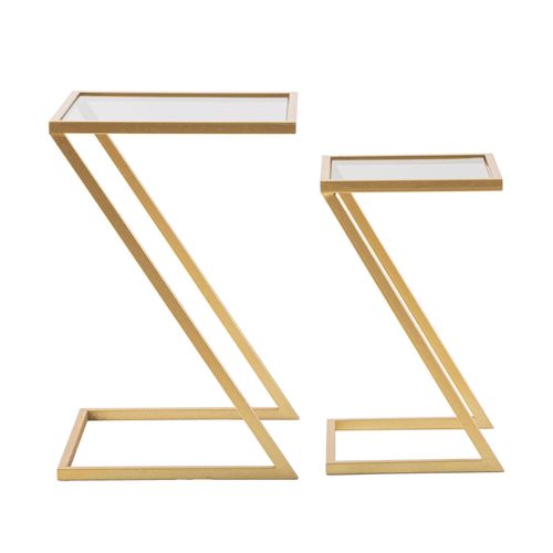 Set De 2 Table D'appoint Basses Dorées Avec Plateau En Verre Fumé 40x40x60 Et 30x30x50 Cm