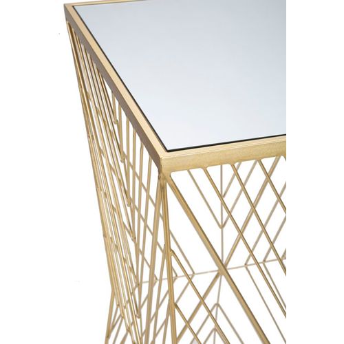 Table D'appoint Carrée 50x50x100 Cm Métal Doré Motif Géométrique Plateau Miroir