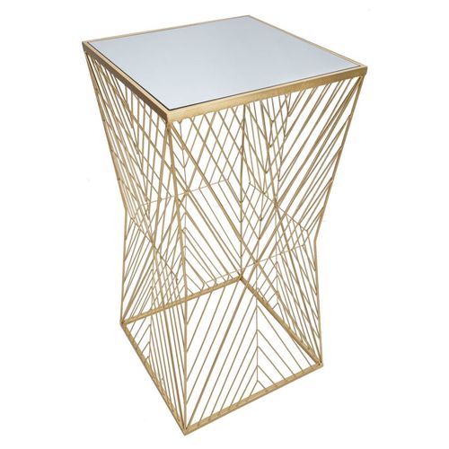Table D'appoint Carrée 50x50x100 Cm Métal Doré Motif Géométrique Plateau Miroir