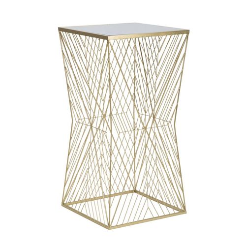Table D'appoint Carrée 50x50x100 Cm Métal Doré Motif Géométrique Plateau Miroir