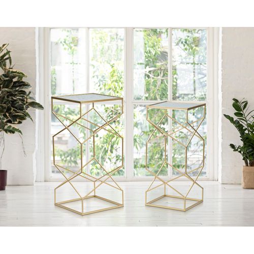 Lot De 2 Table D'appoint Carrées 31,5x68 Cm Métal Doré Plateau Verre Élégant