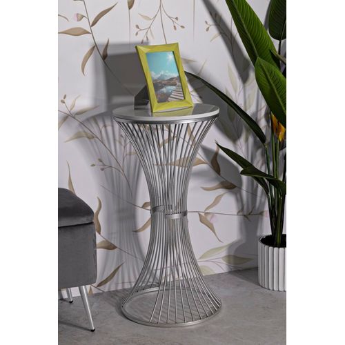 Table Ronde En Métal Argenté Avec Plateau En Marbre 40x79 Cm Raffinée