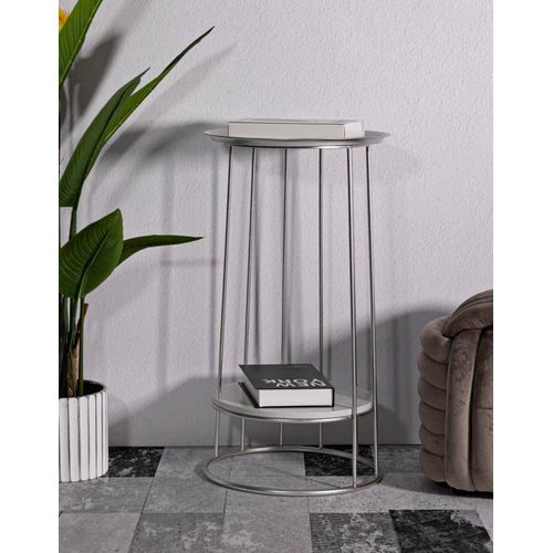Table D'appoint Ronde Métal Argenté Et Marbre Ø40x76 Cm Design Élégant