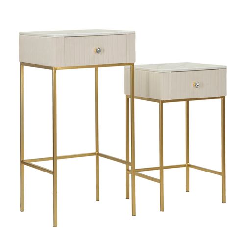 Ensemble 2 Table D'appoint Hautes Carrées Ø45x90-40x70 Cm Crème Et Or En Bois Et Métal