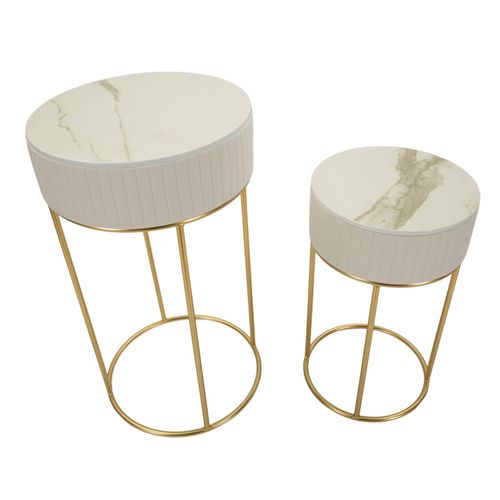 Ensemble 2 Table D'appoint Hautes Rondes Ø50x90-40x70 Cm Crème Et Or En Bois Et Métal