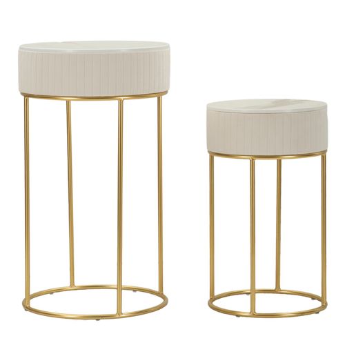 Ensemble 2 Table D'appoint Hautes Rondes Ø50x90-40x70 Cm Crème Et Or En Bois Et Métal