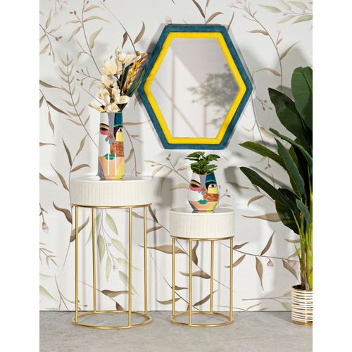 Ensemble 2 Table D'appoint Hautes Rondes Ø50x90-40x70 Cm Crème Et Or En Bois Et Métal