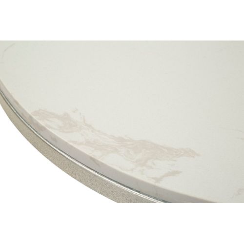 Table Ronde 56x68 Cm En Métal Argenté Avec Plateau Effet Marbre Blanc Élégant