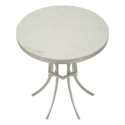 Table Ronde 56x68 Cm En Métal Argenté Avec Plateau Effet Marbre Blanc Élégant