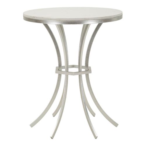 Table Ronde 56x68 Cm En Métal Argenté Avec Plateau Effet Marbre Blanc Élégant