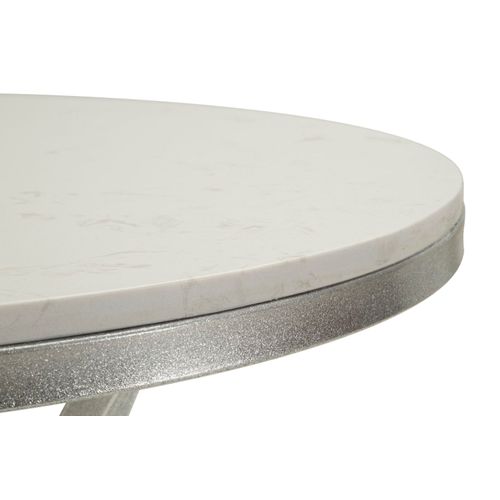 Table Ronde 56x68 Cm En Métal Argenté Avec Plateau Effet Marbre Blanc Élégant