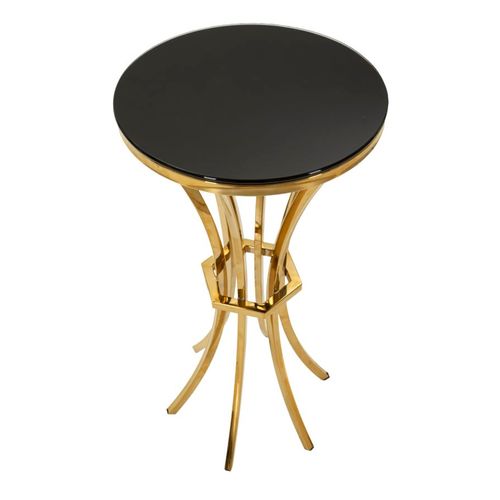 Table Haute Compacte Ø40x81 Cm Métal Doré Et Plateau En Verre Noir Chic