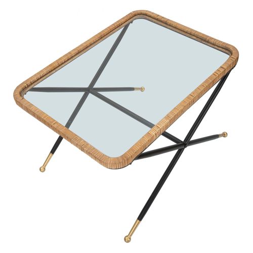 Table Basse Rectangulaire 70x50 Cm Métal Noir Et Plateau Verre Rotin Boho Chic