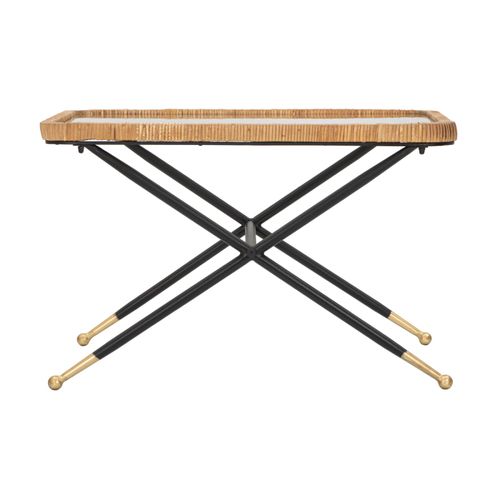 Table Basse Rectangulaire 70x50 Cm Métal Noir Et Plateau Verre Rotin Boho Chic