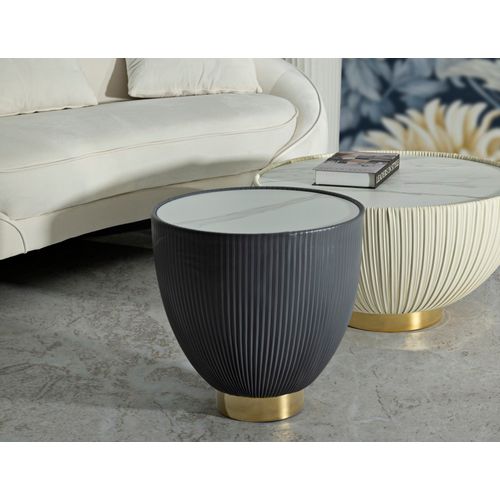 Bout De Canapé Ronde Chic 46x45 Cm Gris Et Doré Avec Plateau Effet Marbre