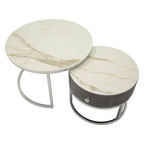 Ensemble De 2 Tables Basses Rondes 70 Et 50 Cm Effet Marbre Et Métal Argenté