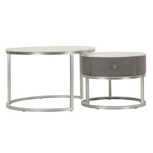 Ensemble De 2 Tables Basses Rondes 70 Et 50 Cm Effet Marbre Et Métal Argenté