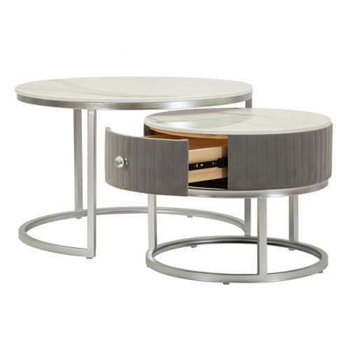 Ensemble De 2 Tables Basses Rondes 70 Et 50 Cm Effet Marbre Et Métal Argenté