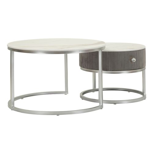 Ensemble De 2 Tables Basses Rondes 70 Et 50 Cm Effet Marbre Et Métal Argenté
