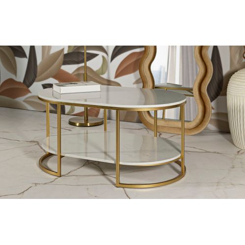 Table D'appoint Élégante 90x60 Cm Double Plateau Effet Marbre Et Métal Doré