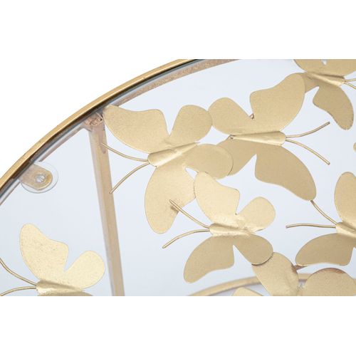Table Basse Ronde 60 Cm Métal Doré Avec Décorations Papillons Et Plateau En Verre