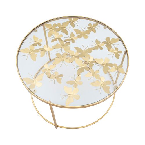 Table Basse Ronde 60 Cm Métal Doré Avec Décorations Papillons Et Plateau En Verre