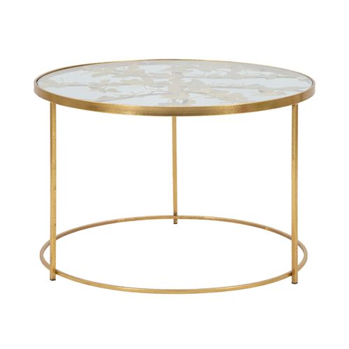 Table Basse Ronde 60 Cm Métal Doré Avec Décorations Papillons Et Plateau En Verre