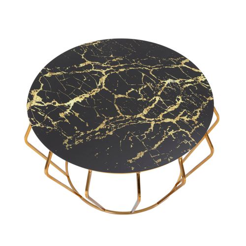 Table Basse Ronde 78 Cm Métal Doré Avec Plateau En Verre Effet Marbre Noir