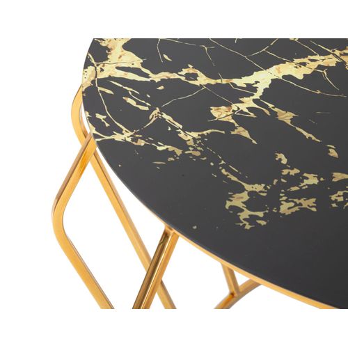 Table Basse Ronde 78 Cm Métal Doré Avec Plateau En Verre Effet Marbre Noir