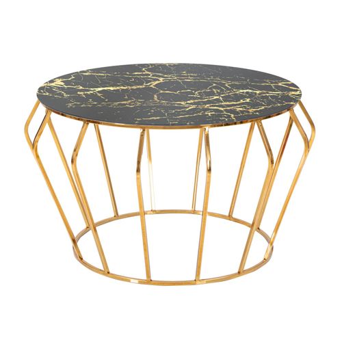 Table Basse Ronde 78 Cm Métal Doré Avec Plateau En Verre Effet Marbre Noir