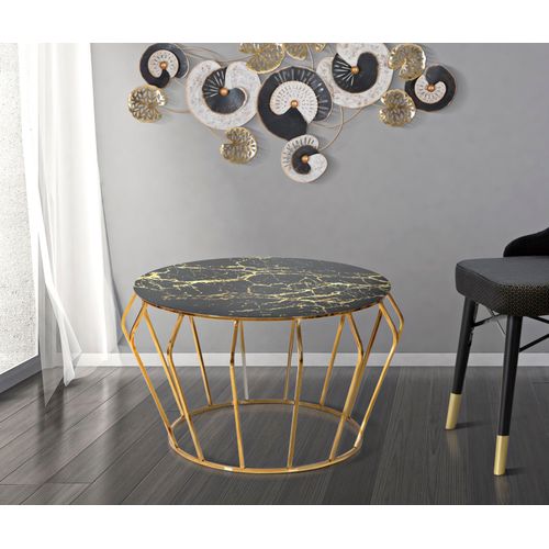 Table Basse Ronde 78 Cm Métal Doré Avec Plateau En Verre Effet Marbre Noir