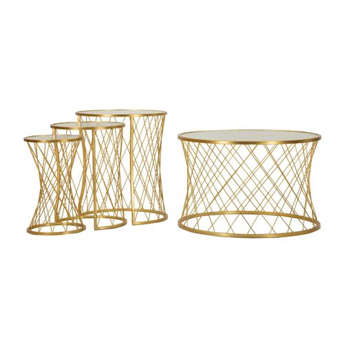 Set De 4 Table D'appoint Basses Rondes Dorées Avec Plateau En Verre Trempé