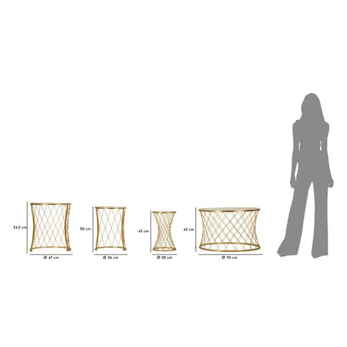 Set De 4 Table D'appoint Basses Rondes Dorées Avec Plateau En Verre Trempé