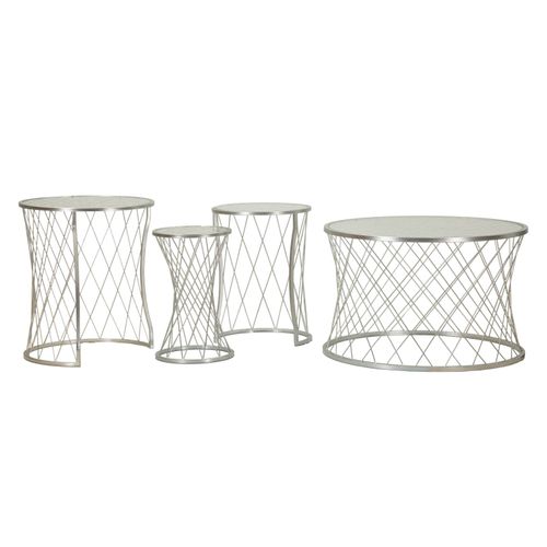 Set De 4 Table D'appoint Basses Argentées En Métal Avec Plateau En Verre Trempé