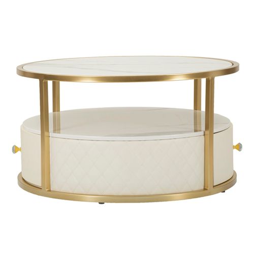 Table Basse Ronde Ø75 Cm En Simili Cuir Blanc Et Métal Doré Avec Plateau Marbre