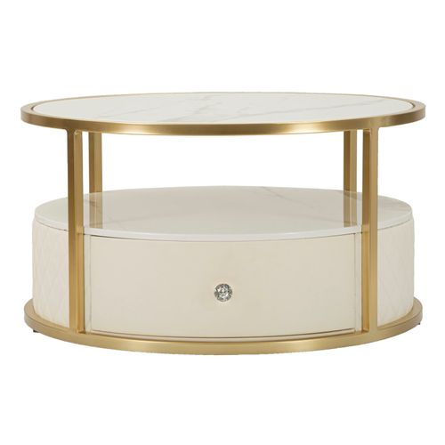 Table Basse Ronde Ø75 Cm En Simili Cuir Blanc Et Métal Doré Avec Plateau Marbre