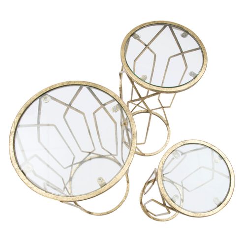 Ensemble 3 Table D'appoint D'appoint Ø 32-28-23 X 71-65-61 Cm, Métal Et Verre Doré