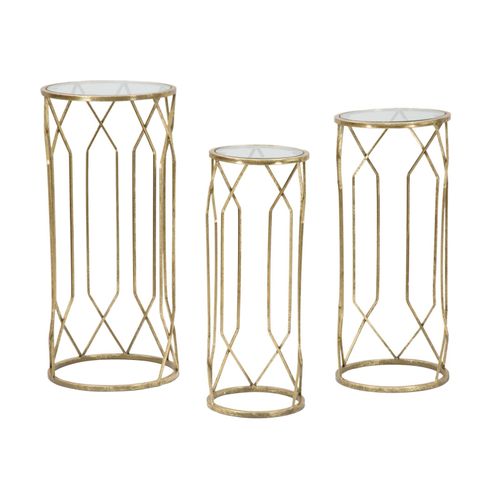 Ensemble 3 Table D'appoint D'appoint Ø 32-28-23 X 71-65-61 Cm, Métal Et Verre Doré
