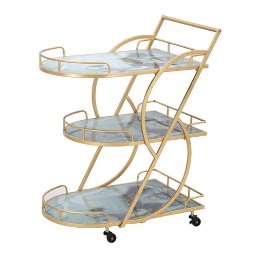 Chariot Alimentaire 71x45,5x84,5 Cm Doré Avec 3 Étagères Verre Style Géométrique