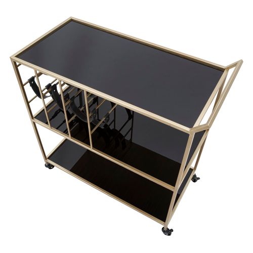 Chariot Alimentaire 79x39,5x82 Cm Doré Et Noir Avec 3 Étagères Miroir Et Roues